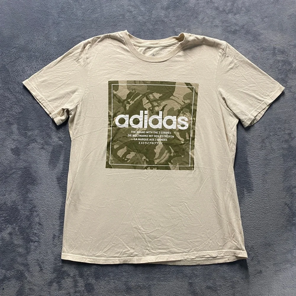 Adidas Amplifier Tee Mens Large Tan Camo Box Logo Graphic T-Shirt
